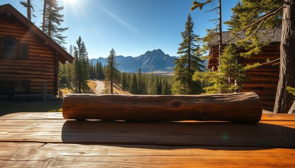 A rustic wooden cabin nestled amidst a serene forest, sunlight streaming through the canopy. In the foreground, a weathered timber beam rests on a sturdy wooden table, its surface etched with the marks of time. The middle ground reveals a winding path leading through the woods, echoing the journey of these reclaimed materials from their former lives. In the background, a majestic mountain range stands tall, a timeless backdrop to this historical narrative. The scene is bathed in a warm, golden glow, creating a sense of nostalgia and connection to the past.
