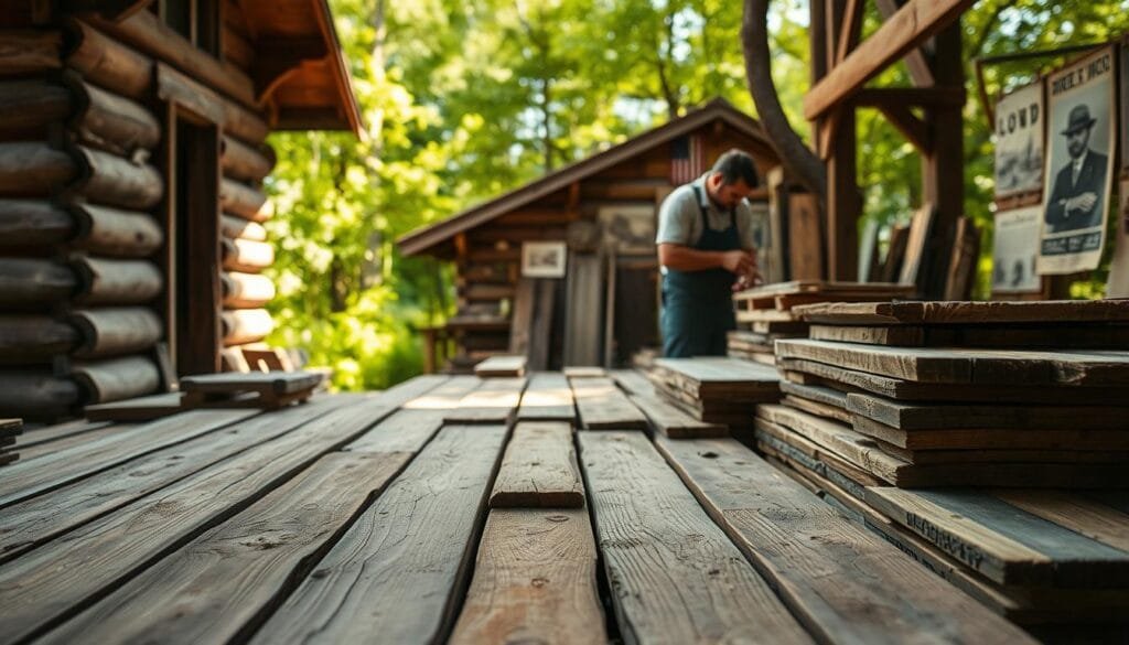 A rustic wooden cabin set against a backdrop of lush greenery, with sunlight filtering through the trees. In the foreground, an array of reclaimed wood planks, some weathered and distressed, others with a warm, natural patina. The midground features a skilled woodworker carefully selecting and examining the reclaimed materials, their hands tracing the grain and textures. The background showcases the history of reclaimed wood, with vintage photographs and architectural elements from past eras seamlessly integrated into the scene. The overall mood is one of harmony, craftsmanship, and appreciation for the rich history and benefits of repurposing this sustainable material. Cinematic lighting and a shallow depth of field enhance the sense of depth and atmosphere.