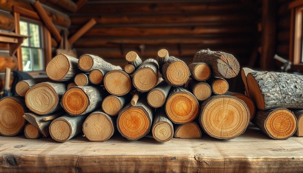 A rustic wooden table showcases an assortment of hand-selected logs in various shapes, sizes, and textures. The logs are neatly arranged, highlighting their unique characteristics - some knotty and gnarled, others smooth and straight-grained. Soft, directional lighting illuminates the natural wood tones, casting warm shadows that accentuate the log's intricate patterns. In the background, a cozy log cabin interior sets the scene, hinting at the logs' future purpose as the primary building material. The overall composition conveys expertise, attention to detail, and a celebration of the raw materials essential for constructing a timeless log cabin.