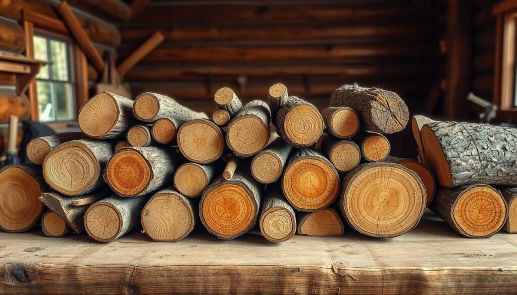 A rustic wooden table showcases an assortment of hand-selected logs in various shapes, sizes, and textures. The logs are neatly arranged, highlighting their unique characteristics - some knotty and gnarled, others smooth and straight-grained. Soft, directional lighting illuminates the natural wood tones, casting warm shadows that accentuate the log's intricate patterns. In the background, a cozy log cabin interior sets the scene, hinting at the logs' future purpose as the primary building material. The overall composition conveys expertise, attention to detail, and a celebration of the raw materials essential for constructing a timeless log cabin. A rustic wooden table showcases an assortment of hand-selected logs in various shapes, sizes, and textures. The logs are neatly arranged, highlighting their unique characteristics - some knotty and gnarled, others smooth and straight-grained. Soft, directional lighting illuminates the natural wood tones, casting warm shadows that accentuate the log's intricate patterns. In the background, a cozy log cabin interior sets the scene, hinting at the logs' future purpose as the primary building material. The overall composition conveys expertise, attention to detail, and a celebration of the raw materials essential for constructing a timeless log cabin.