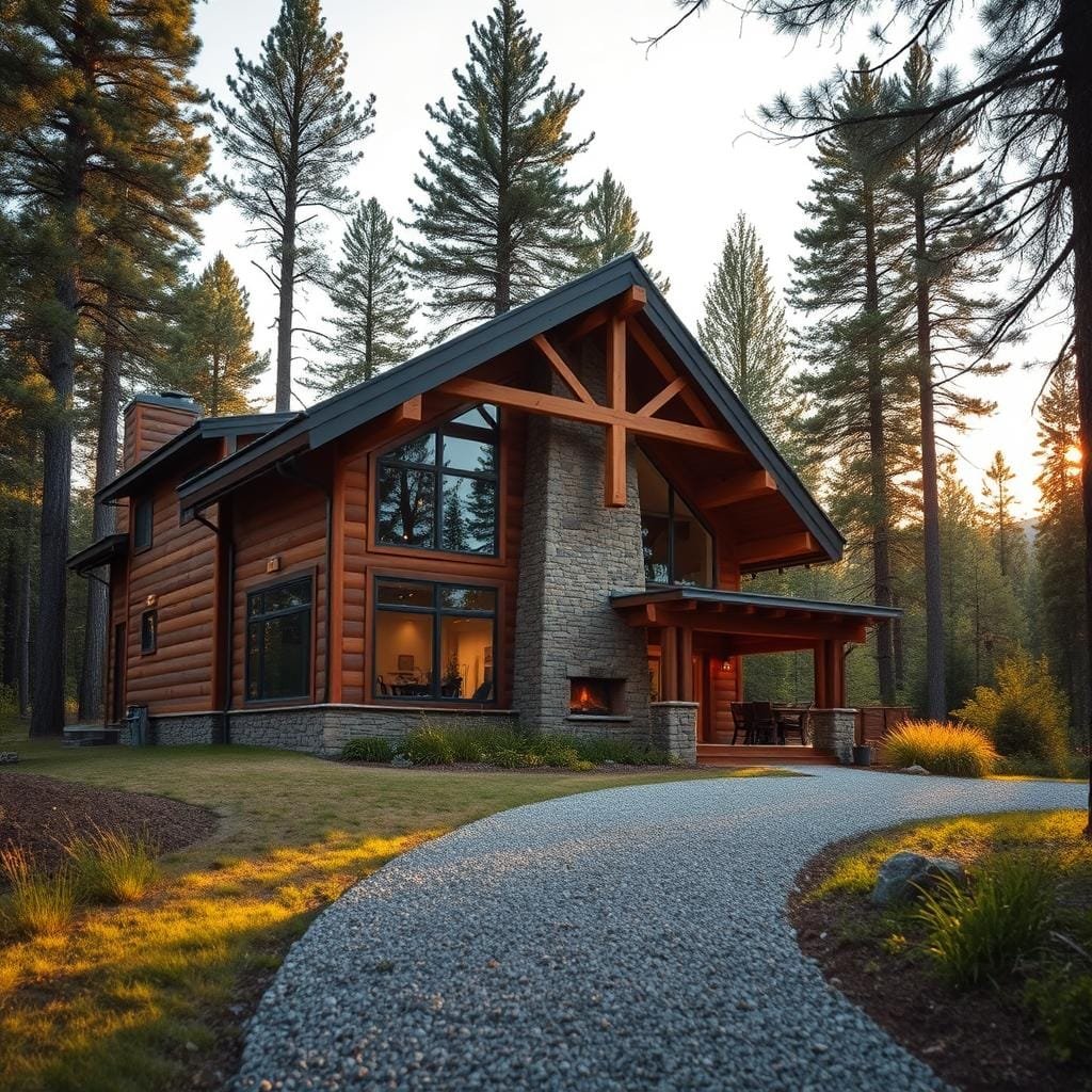 A rustic yet modern cabin nestled in a lush forest clearing, with a warm, inviting exterior. The cabin features a mix of natural wood, stone, and sleek metal accents, creating a harmonious blend of old and new. Large windows frame the scenic landscape, flooding the interior with natural light. A covered porch with wooden beams and a stone fireplace invites relaxation. The cabin is bathed in soft, golden lighting, conveying a cozy and tranquil atmosphere. In the foreground, a well-maintained gravel path leads to the cabin's entrance, while in the background, towering evergreen trees create a serene, forested backdrop.