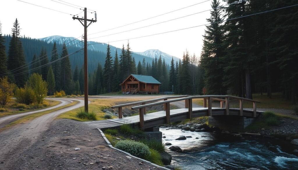 A secluded cabin nestled in a lush forest, surrounded by a well-maintained dirt road leading to the property. In the foreground, a meticulously constructed wooden bridge spans a babbling creek, providing easy access to the cabin. The middle ground features a cluster of utility poles, their power lines stretching overhead, ensuring reliable electricity. In the background, a serene mountain range rises, its peaks dusted with snow, adding to the tranquil atmosphere. The scene is illuminated by soft, diffused sunlight, creating a warm and inviting ambiance. A sense of thoughtful planning and attention to detail permeates the entire composition, reflecting the careful consideration of access, utilities, and infrastructure in the cabin's design. A secluded cabin nestled in a lush forest, surrounded by a well-maintained dirt road leading to the property. In the foreground, a meticulously constructed wooden bridge spans a babbling creek, providing easy access to the cabin. The middle ground features a cluster of utility poles, their power lines stretching overhead, ensuring reliable electricity. In the background, a serene mountain range rises, its peaks dusted with snow, adding to the tranquil atmosphere. The scene is illuminated by soft, diffused sunlight, creating a warm and inviting ambiance. A sense of thoughtful planning and attention to detail permeates the entire composition, reflecting the careful consideration of access, utilities, and infrastructure in the cabin's design.