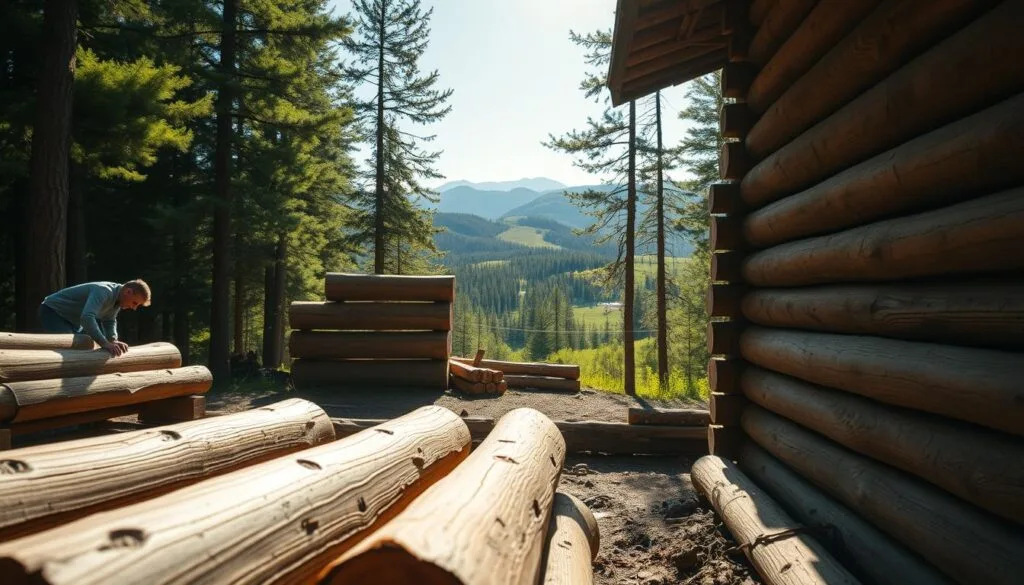 A secluded log cabin nestled in a verdant forest, sunlight filtering through the trees. In the foreground, skilled hands carefully stack sturdy pine logs, meticulously aligning each course and leaving a gap for insulation. The middle ground reveals the logs' rugged texture and the warm glow of the wood. In the background, a picturesque landscape of rolling hills and distant peaks, creating a serene, rustic atmosphere. The scene is captured with a wide-angle lens, highlighting the cabin's integration with the natural surroundings. The overall mood is one of tranquility, craftsmanship, and the satisfaction of building a sustainable, off-grid dwelling from the resources at hand. A secluded log cabin nestled in a verdant forest, sunlight filtering through the trees. In the foreground, skilled hands carefully stack sturdy pine logs, meticulously aligning each course and leaving a gap for insulation. The middle ground reveals the logs' rugged texture and the warm glow of the wood. In the background, a picturesque landscape of rolling hills and distant peaks, creating a serene, rustic atmosphere. The scene is captured with a wide-angle lens, highlighting the cabin's integration with the natural surroundings. The overall mood is one of tranquility, craftsmanship, and the satisfaction of building a sustainable, off-grid dwelling from the resources at hand.
