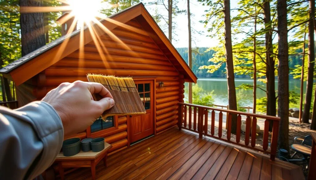 A serene cabin nestled in a lush forest, its exterior adorned with warm, glowing wood tones. In the foreground, a steady hand applies a rich, oil-based wood sealer with long, even strokes, creating a protective, satin-smooth finish. Sunlight filters through the surrounding trees, casting a soft, golden glow over the scene. The sealer's deep, amber hue blends seamlessly with the cabin's natural wood grain, enhancing its rustic charm. In the background, a tranquil lake reflects the verdant landscape, creating a picturesque setting that exemplifies the beauty and resilience of a well-maintained cabin exterior. A serene cabin nestled in a lush forest, its exterior adorned with warm, glowing wood tones. In the foreground, a steady hand applies a rich, oil-based wood sealer with long, even strokes, creating a protective, satin-smooth finish. Sunlight filters through the surrounding trees, casting a soft, golden glow over the scene. The sealer's deep, amber hue blends seamlessly with the cabin's natural wood grain, enhancing its rustic charm. In the background, a tranquil lake reflects the verdant landscape, creating a picturesque setting that exemplifies the beauty and resilience of a well-maintained cabin exterior.