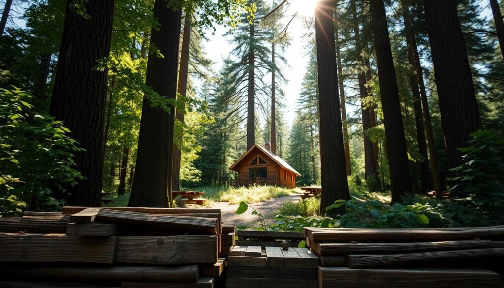 A serene forest scene showcasing the environmental benefits of reclaimed wood. In the foreground, a neatly stacked pile of reclaimed timber, its weathered texture and natural grain capturing the essence of sustainability. Sunlight filters through the lush canopy, casting a warm glow and highlighting the verdant foliage. In the middle ground, a cabin constructed with the reclaimed wood, its rustic charm blending seamlessly with the surrounding landscape. Tall, majestic trees form the background, their towering presence emphasizing the importance of preserving natural resources. The scene conveys a sense of harmony, where the use of reclaimed wood contributes to environmental stewardship and a sustainable future.