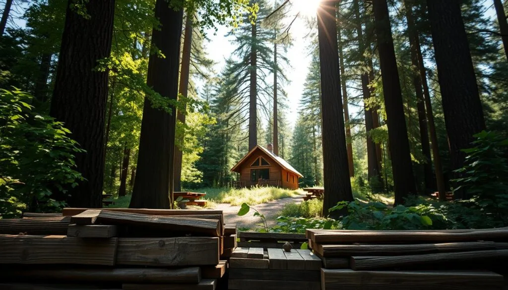 A serene forest scene showcasing the environmental benefits of reclaimed wood. In the foreground, a neatly stacked pile of reclaimed timber, its weathered texture and natural grain capturing the essence of sustainability. Sunlight filters through the lush canopy, casting a warm glow and highlighting the verdant foliage. In the middle ground, a cabin constructed with the reclaimed wood, its rustic charm blending seamlessly with the surrounding landscape. Tall, majestic trees form the background, their towering presence emphasizing the importance of preserving natural resources. The scene conveys a sense of harmony, where the use of reclaimed wood contributes to environmental stewardship and a sustainable future.