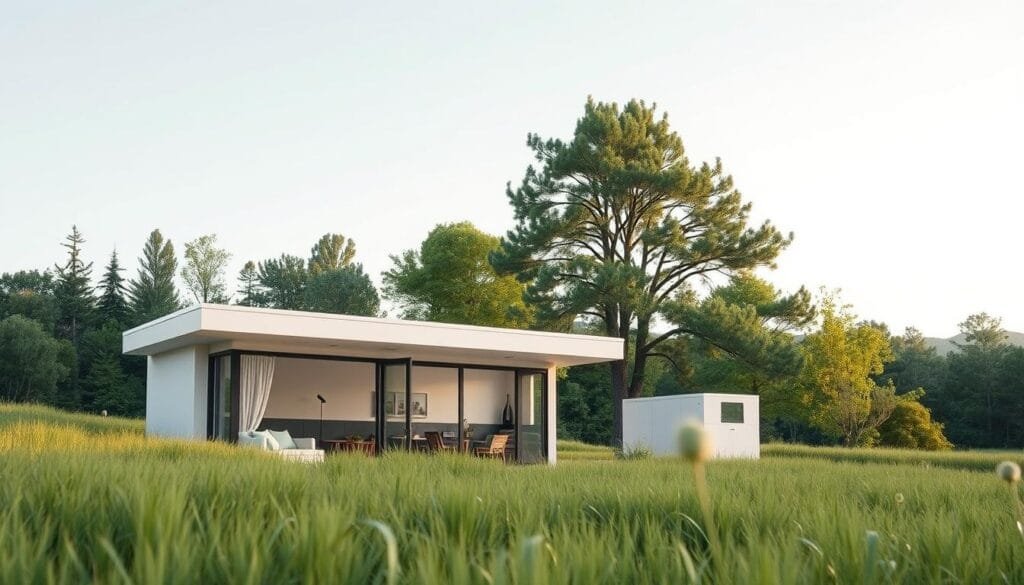 A serene, modern prefab home nestled in a lush, verdant landscape. The structure features clean lines, large windows, and a sleek, customizable facade. In the foreground, a cozy outdoor seating area invites relaxation, while the middle ground showcases various modular components and customization options. In the background, towering trees and a tranquil sky create a picturesque setting. The lighting is soft and natural, evoking a sense of warmth and comfort. The camera angle is slightly elevated, providing a compelling and immersive perspective.