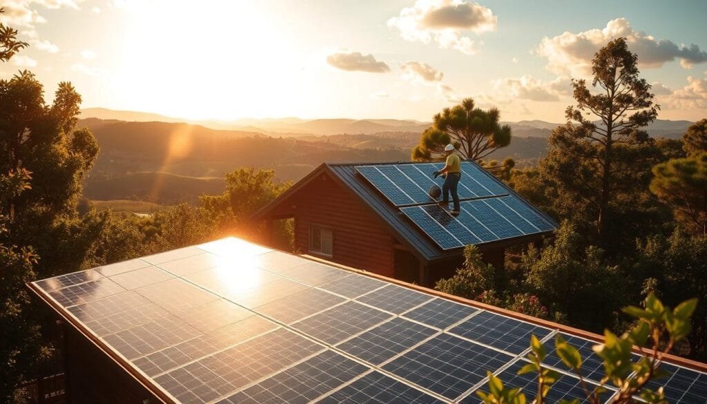 A serene off-grid cabin nestled amidst lush foliage, its rooftop adorned with sleek solar panels glistening under the warm, golden sunlight. In the foreground, a technician meticulously adjusts the panel angles, optimizing their orientation to capture the sun's rays with maximum efficiency. The middle ground showcases the cabin's well-maintained exterior, blending seamlessly with the natural surroundings. In the background, a picturesque landscape unfolds, with rolling hills and a clear sky dotted with fluffy white clouds. The scene conveys a sense of harmony between technology and nature, showcasing the importance of optimizing solar panel performance for sustainable living in an off-grid setting.