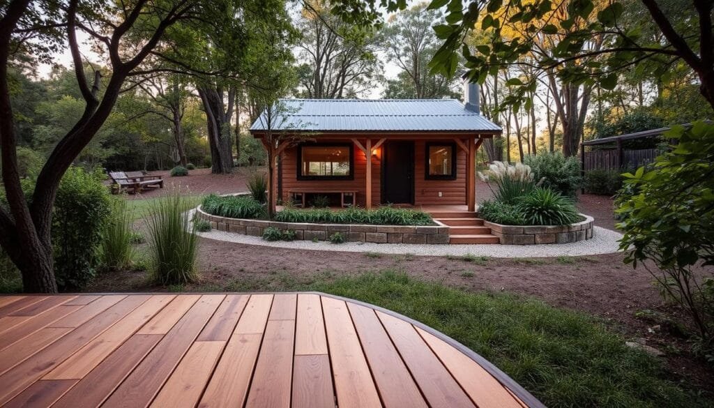A serene, off-grid cabin nestled amidst lush greenery, its foundation constructed with sustainable materials. In the foreground, a wooden deck with a natural, earthy tone blends seamlessly with the surrounding environment. In the middle ground, the cabin's foundation features a combination of rammed earth, stone, and recycled plastic. A verdant, well-maintained garden borders the cabin, adding to the overall eco-friendly aesthetic. The scene is illuminated by warm, natural lighting, casting a soft glow over the scene. The overall atmosphere conveys a sense of harmony between the built structure and the natural landscape, embodying the principles of sustainable and off-grid living.