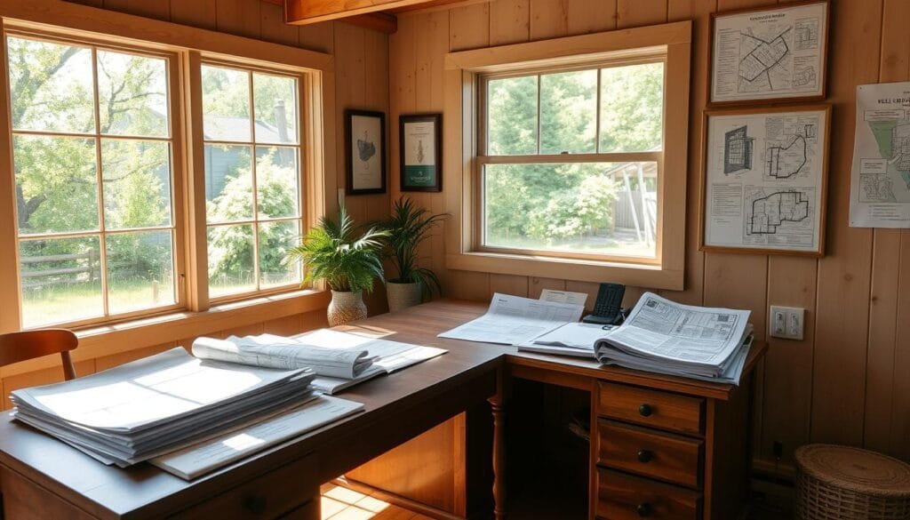 A serene, sun-dappled office with a large wooden desk and a window overlooking a verdant landscape. On the desk, various architectural plans, building codes, and zoning regulations are neatly organized, hinting at the careful considerations required for off-grid living. The walls are adorned with framed maps and diagrams, providing visual guidance on navigating the complexities of local laws and permitting. A warm, natural light filters in, creating a sense of thoughtfulness and attention to detail, reflecting the challenges and considerations of maintaining an off-grid cabin year-round.