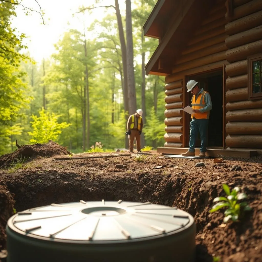 A serene, well-lit cabin in the woods, with a septic system inspection crew diligently checking the system's components. In the foreground, a worker in a hard hat and safety gear examines the septic tank, clipboard in hand. In the middle ground, another worker inspects the drainage field, observing the soil and vegetation. The background features lush, verdant forest, conveying a sense of tranquility and environmental harmony. Diffused natural light filters through the trees, creating a warm, inviting atmosphere. The scene radiates professionalism and attention to safety, underscoring the importance of proper septic system maintenance and inspection.