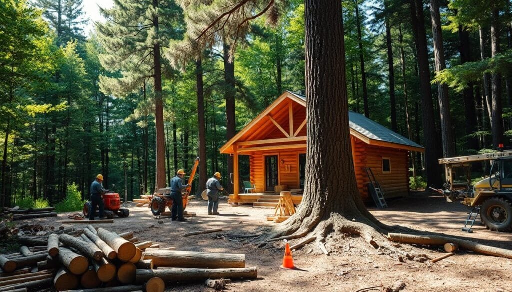 A serene, well-lit cabin nestled in a lush forest clearing. In the foreground, a team of skilled workers utilizes specialized equipment to carefully remove a large, mature tree, its trunk severed with precision chainsaws. The midground features piles of freshly cut logs and branches, while the background showcases the dense, verdant forest canopy, casting dappled shadows across the scene. The overall mood is one of controlled efficiency and respect for the natural environment, as the cabin construction process unfolds seamlessly.