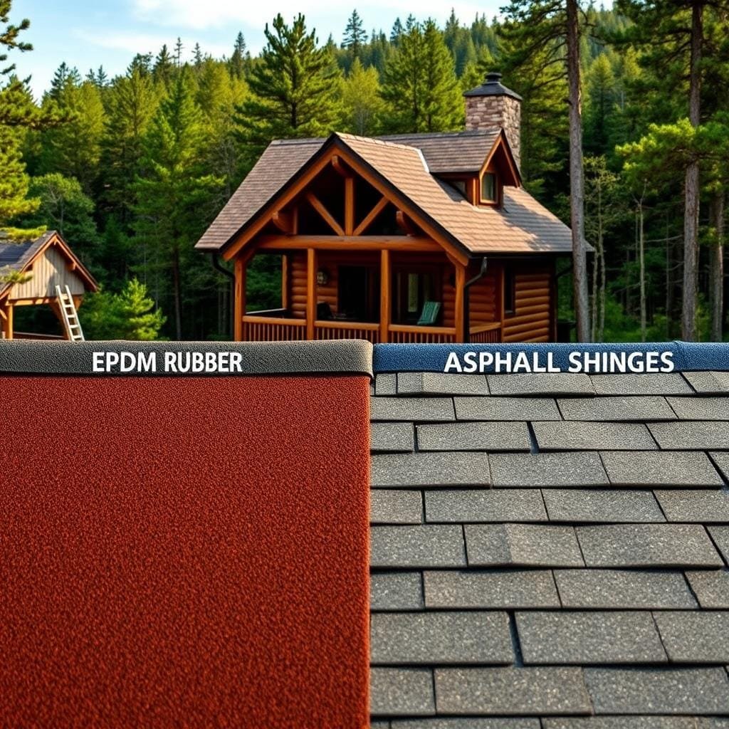 A side-by-side comparison of EPDM rubber roofing and asphalt shingles, set against a backdrop of a rustic cabin in the woods. In the foreground, samples of the two roofing materials are displayed, their textural differences highlighted by warm, directional lighting. In the middle ground, the cabin's roof is visible, one half covered in EPDM rubber, the other in traditional asphalt shingles. The background features a lush, forested landscape, conveying a sense of the natural setting in which the cabin resides. The overall scene is captured with a crisp, documentary-style aesthetic, emphasizing the technical details and practical considerations for selecting the optimal roofing solution for cabin longevity.
