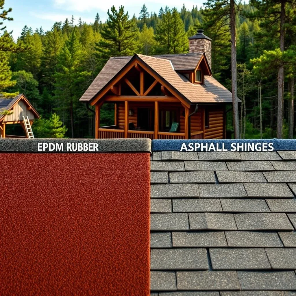 A side-by-side comparison of EPDM rubber roofing and asphalt shingles, set against a backdrop of a rustic cabin in the woods. In the foreground, samples of the two roofing materials are displayed, their textural differences highlighted by warm, directional lighting. In the middle ground, the cabin's roof is visible, one half covered in EPDM rubber, the other in traditional asphalt shingles. The background features a lush, forested landscape, conveying a sense of the natural setting in which the cabin resides. The overall scene is captured with a crisp, documentary-style aesthetic, emphasizing the technical details and practical considerations for selecting the optimal roofing solution for cabin longevity.