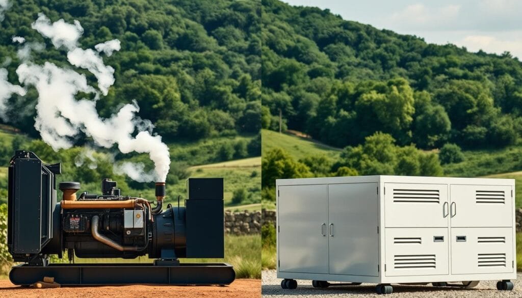 A side-by-side comparison of a diesel generator and a battery storage system, showcasing their contrasting environmental impacts. In the foreground, a rugged diesel generator stands tall, its exhaust belching clouds of smoke. In the middle ground, a sleek, modern battery array gleams, its clean lines symbolizing sustainable power. The background depicts a lush, verdant landscape, representing the ideal eco-friendly energy solution. The lighting is natural, with soft shadows and highlights accentuating the details. The camera angle is slightly elevated, allowing the viewer to take in the full scope of the scene. The overall mood is one of contemplation, inviting the audience to consider the trade-offs between traditional and renewable energy sources. A side-by-side comparison of a diesel generator and a battery storage system, showcasing their contrasting environmental impacts. In the foreground, a rugged diesel generator stands tall, its exhaust belching clouds of smoke. In the middle ground, a sleek, modern battery array gleams, its clean lines symbolizing sustainable power. The background depicts a lush, verdant landscape, representing the ideal eco-friendly energy solution. The lighting is natural, with soft shadows and highlights accentuating the details. The camera angle is slightly elevated, allowing the viewer to take in the full scope of the scene. The overall mood is one of contemplation, inviting the audience to consider the trade-offs between traditional and renewable energy sources.