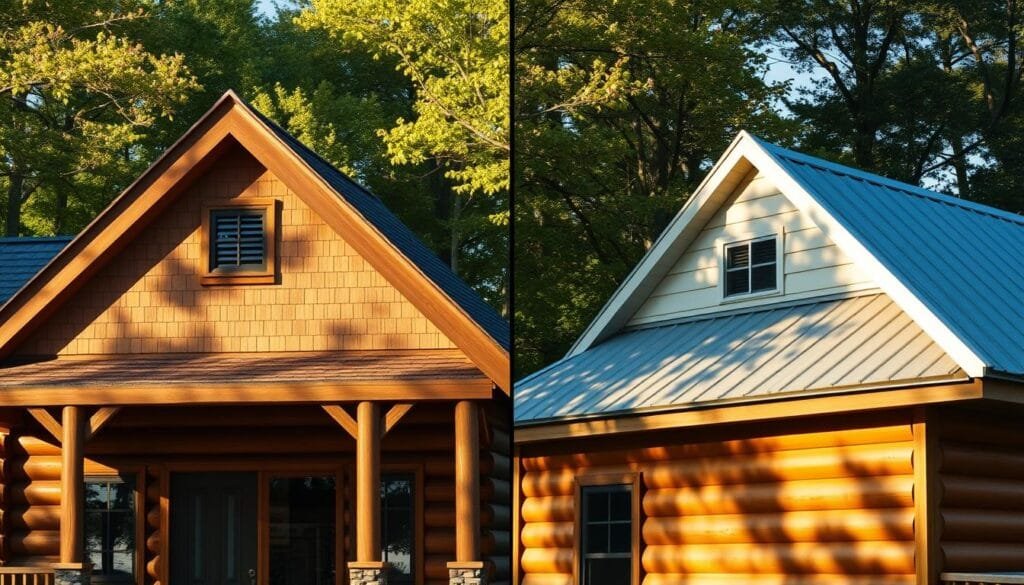 A side-by-side comparison of a gable-roofed cabin and a shed-roofed cabin, shot in a cinematic 16:9 aspect ratio. The gable roof is constructed with sturdy beams and shingles, while the shed roof uses a lightweight, angled panel design. Both cabins are illuminated by warm, natural sunlight filtering through the trees, creating interesting shadows and highlights. The scene conveys a sense of durability and long-term resilience, with the gable roof appearing more substantial and the shed roof suggesting a more modern aesthetic. The camera angle is slightly elevated to provide a clear view of the roof structures and their contrasting profiles.