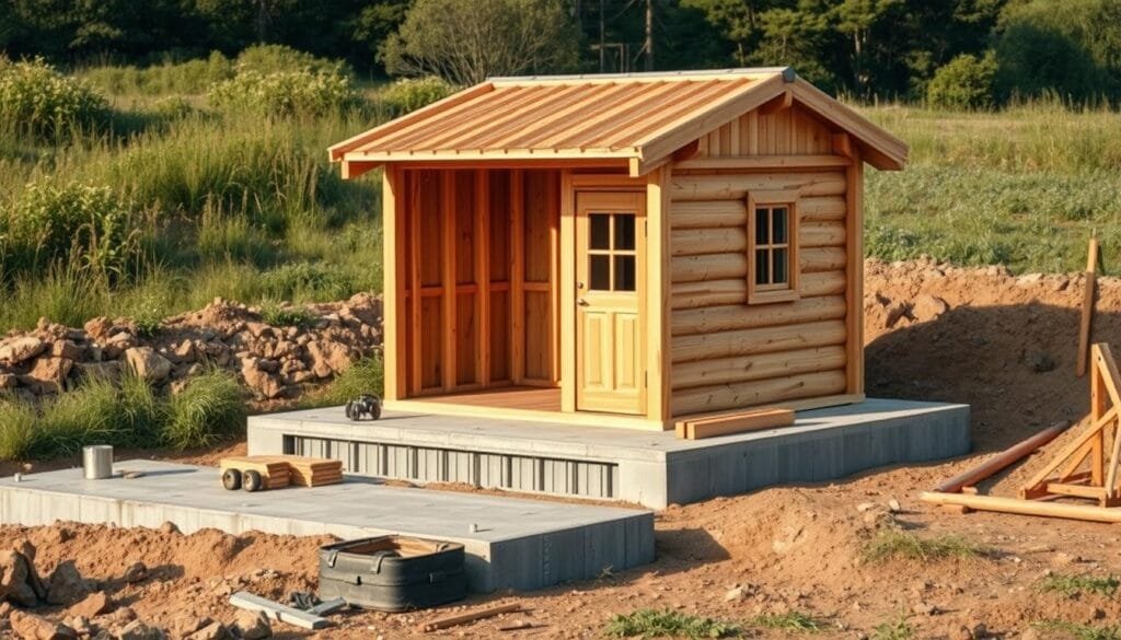 A side-by-side comparison of foundation cost estimates for a cozy cabin, showcasing the relative affordability of a slab foundation. In the foreground, a detailed 3D diagram of a slab foundation with precise measurements and material specifications. In the middle ground, a similar diagram of a traditional raised foundation, highlighting the additional costs of excavation, materials, and labor. The background features a picturesque mountain landscape, suggesting the ideal setting for a cabin retreat. The lighting is soft and natural, accentuating the technical details while maintaining a serene and inviting atmosphere. The overall composition conveys the pragmatic and cost-effective advantages of a slab foundation for cabin construction.