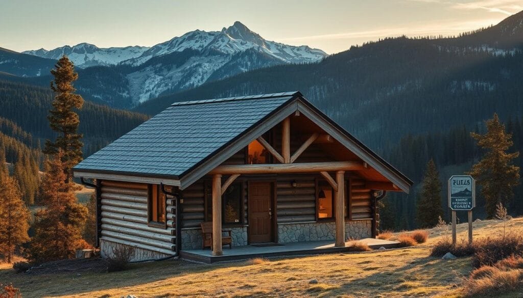 A single-slope roof cabin nestled in a picturesque mountain landscape, bathed in warm, golden-hour light. The cabin's asymmetrical roofline slopes gracefully, creating a distinctive shed-style silhouette against the backdrop of rugged peaks and evergreen forests. Meticulously crafted from weathered wood and natural stone, the cabin's design emphasizes functionality and seamless integration with the surrounding environment. The front-facing windows provide ample natural light and frame stunning vistas of the serene valley below. The overall composition evokes a sense of rustic charm, tranquility, and a deep connection to the great outdoors.