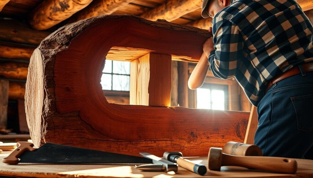 A skilled carpenter meticulously cuts through a sturdy log, creating a precise rectangular opening for a window. Sunlight streams in through the opening, illuminating the wood grain and casting warm shadows. In the foreground, woodworking tools are neatly arranged, including a handsaw, chisels, and a mallet. The background features a rustic log cabin interior, with rough-hewn beams and a cozy atmosphere. The scene conveys the craftsmanship and attention to detail required to build a log cabin from scratch, preparing the structure for the installation of doors and windows.