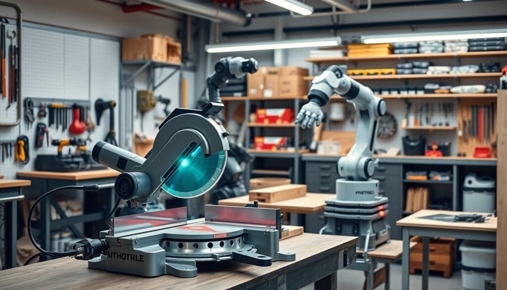 A sleek and modern workshop filled with advanced power tools and cutting-edge equipment. In the foreground, a high-precision miter saw with a laser-guided cutting edge sits on a sturdy workbench, its brushed metal casing gleaming under the soft, indirect lighting. In the middle ground, a robotic arm with multiple attachments stands ready to assist, its articulated joints capable of delicate, intricate movements. In the background, shelves and storage units hold an array of specialized hand tools, fasteners, and materials, all neatly organized and accessible. The overall atmosphere is one of efficiency, innovation, and the promise of effortless, high-quality craftsmanship.