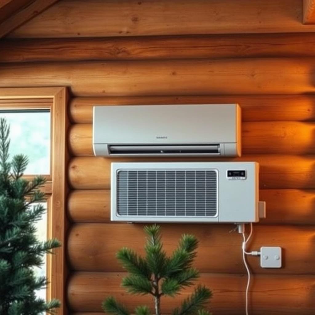 A sleek, modern DC mini-split air conditioning unit, mounted on a wooden cabin wall. The unit's compact design features a discreet indoor component and a sleek, low-profile outdoor condenser. The scene is bathed in warm, diffused lighting, creating a cozy and inviting atmosphere. The mini-split system is surrounded by natural elements like rough-hewn logs and a verdant pine tree, blending seamlessly into the off-grid cabin's rustic aesthetic. The image conveys the efficiency and versatility of this heating and cooling solution, perfectly suited for an off-the-grid lifestyle.