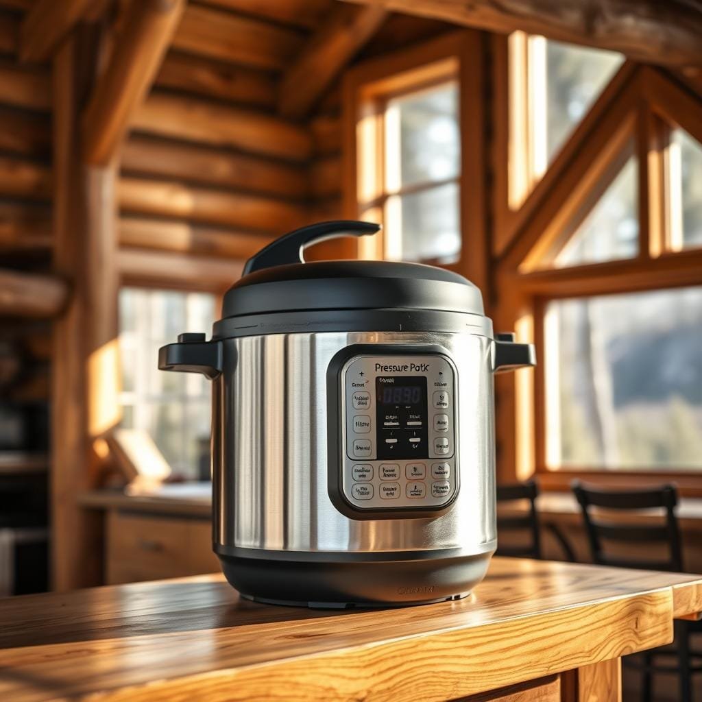 A sleek, modern electric pressure cooker sits atop a wooden counter in a cozy off-grid cabin. The brushed stainless steel body gleams under the warm, natural lighting, its control panel displaying an array of intuitive settings. The cooker's sturdy build and compact design suggest its versatility, ready to effortlessly prepare hearty meals for the cabin's occupants. Surrounding the pressure cooker, the rustic cabin interior is visible, with exposed wooden beams and a large window offering scenic views of the wilderness outside, creating a harmonious blend of functionality and tranquility.