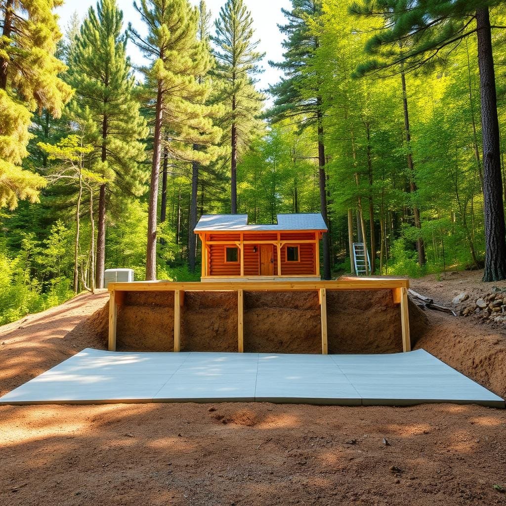 A sloped lot with a well-engineered cabin foundation, nestled amidst a lush, verdant forest. The foreground showcases the carefully laid concrete slab, gently sloping to accommodate the uneven terrain. Sturdy timber beams and pillars provide a strong, stable base, ready to support the cabin's weight. In the middle ground, the cabin's frame emerges, its rustic design blending seamlessly with the natural surroundings. Towering pine trees and dense foliage form the background, casting warm, dappled light across the scene. The overall mood is one of harmony and resilience, with the foundation symbolizing the perfect solution for building on challenging, sloped landscapes. A sloped lot with a well-engineered cabin foundation, nestled amidst a lush, verdant forest. The foreground showcases the carefully laid concrete slab, gently sloping to accommodate the uneven terrain. Sturdy timber beams and pillars provide a strong, stable base, ready to support the cabin's weight. In the middle ground, the cabin's frame emerges, its rustic design blending seamlessly with the natural surroundings. Towering pine trees and dense foliage form the background, casting warm, dappled light across the scene. The overall mood is one of harmony and resilience, with the foundation symbolizing the perfect solution for building on challenging, sloped landscapes.