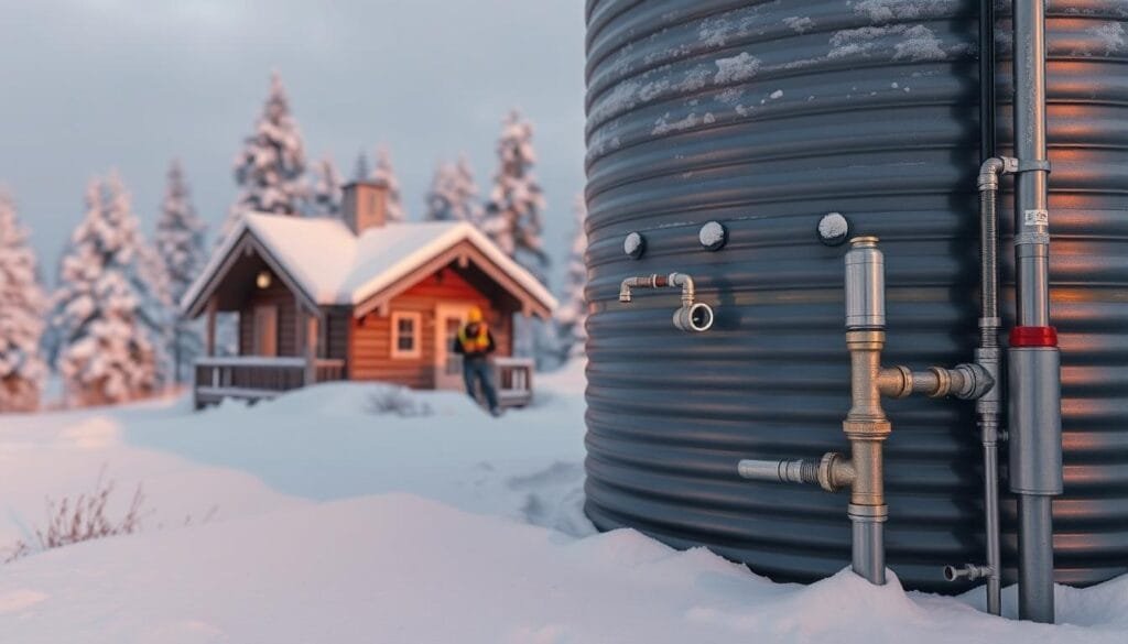 A snow-covered cabin nestled in a serene, wintry landscape. In the foreground, a metal water tank stands tall, its surface protected by a thick layer of insulation. Pipes and fittings are visible, indicating the system's winterization. Nearby, a worker inspects the connections, ensuring proper freeze protection. Soft, diffused lighting casts a warm glow, complementing the muted tones of the snowy environment. The scene conveys a sense of diligence and preparedness, with the water tank system ready to withstand the harsh winter conditions.