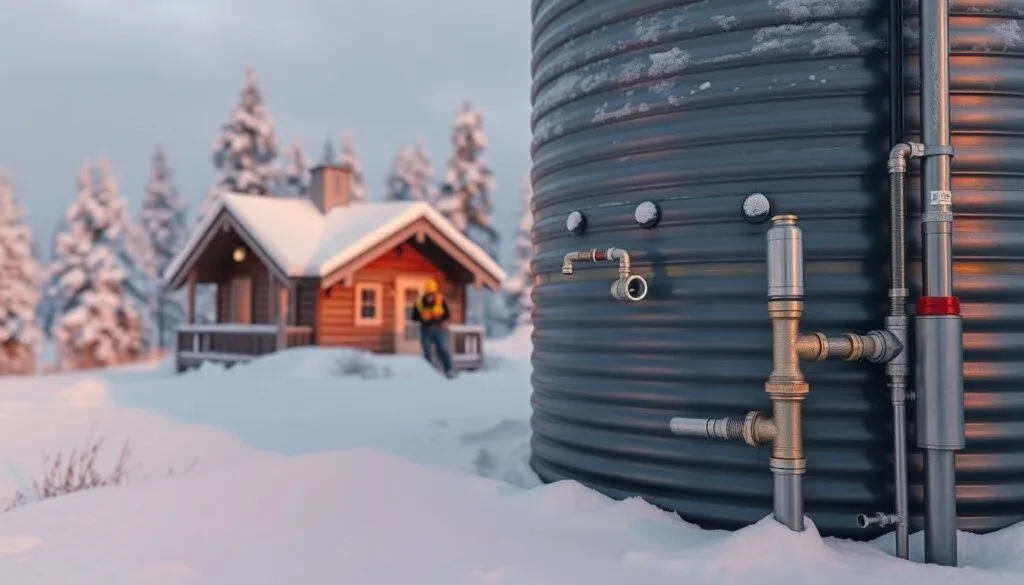A snow-covered cabin nestled in a serene, wintry landscape. In the foreground, a metal water tank stands tall, its surface protected by a thick layer of insulation. Pipes and fittings are visible, indicating the system's winterization. Nearby, a worker inspects the connections, ensuring proper freeze protection. Soft, diffused lighting casts a warm glow, complementing the muted tones of the snowy environment. The scene conveys a sense of diligence and preparedness, with the water tank system ready to withstand the harsh winter conditions.