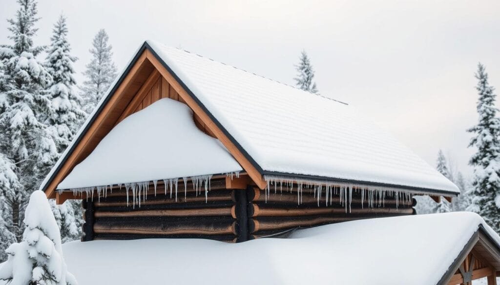 A snowy, weather-resistant cabin roof stands tall against a crisp, wintry landscape. The gabled design sheds snow effortlessly, its sturdy, textured shingles gleaming in the soft, diffused light. Icicles hang gracefully from the eaves, while a dusting of fresh powder coats the surrounding trees and ground, creating a serene, picturesque scene. The roof's angled planes capture the dynamic interplay of light and shadow, showcasing its optimal performance in harsh, snow-laden conditions. This image illustrates the resilience and functionality of a well-designed cabin roof in a challenging climate.