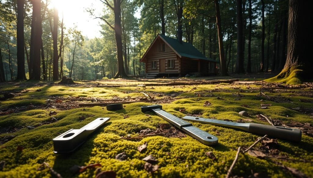 A soil testing crew diligently examines the ground at a potential cabin site, their tools and equipment arranged neatly on the mossy forest floor. Sunlight filters through the canopy, casting a warm, natural glow. In the background, the outline of a rustic cabin takes shape, hinting at the future construction. The scene conveys the careful planning and analysis required to ensure a stable, durable foundation for a cabin nestled in this picturesque woodland setting. A soil testing crew diligently examines the ground at a potential cabin site, their tools and equipment arranged neatly on the mossy forest floor. Sunlight filters through the canopy, casting a warm, natural glow. In the background, the outline of a rustic cabin takes shape, hinting at the future construction. The scene conveys the careful planning and analysis required to ensure a stable, durable foundation for a cabin nestled in this picturesque woodland setting.