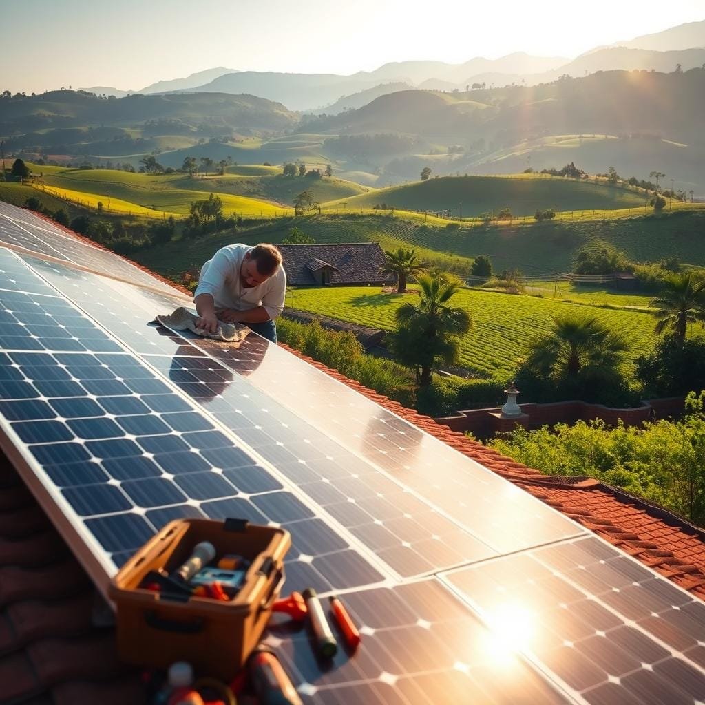 A solar panel installation on a rural rooftop, bathed in warm morning light. In the foreground, a technician meticulously cleans the panels with a microfiber cloth, ensuring optimal energy production. The middle ground features a toolbox and cleaning supplies, conveying the importance of regular maintenance. In the background, a lush, verdant landscape with rolling hills sets the scene, emphasizing the off-grid, self-sustaining nature of the system. The overall mood is one of diligence, efficiency, and a harmonious integration of technology and nature.