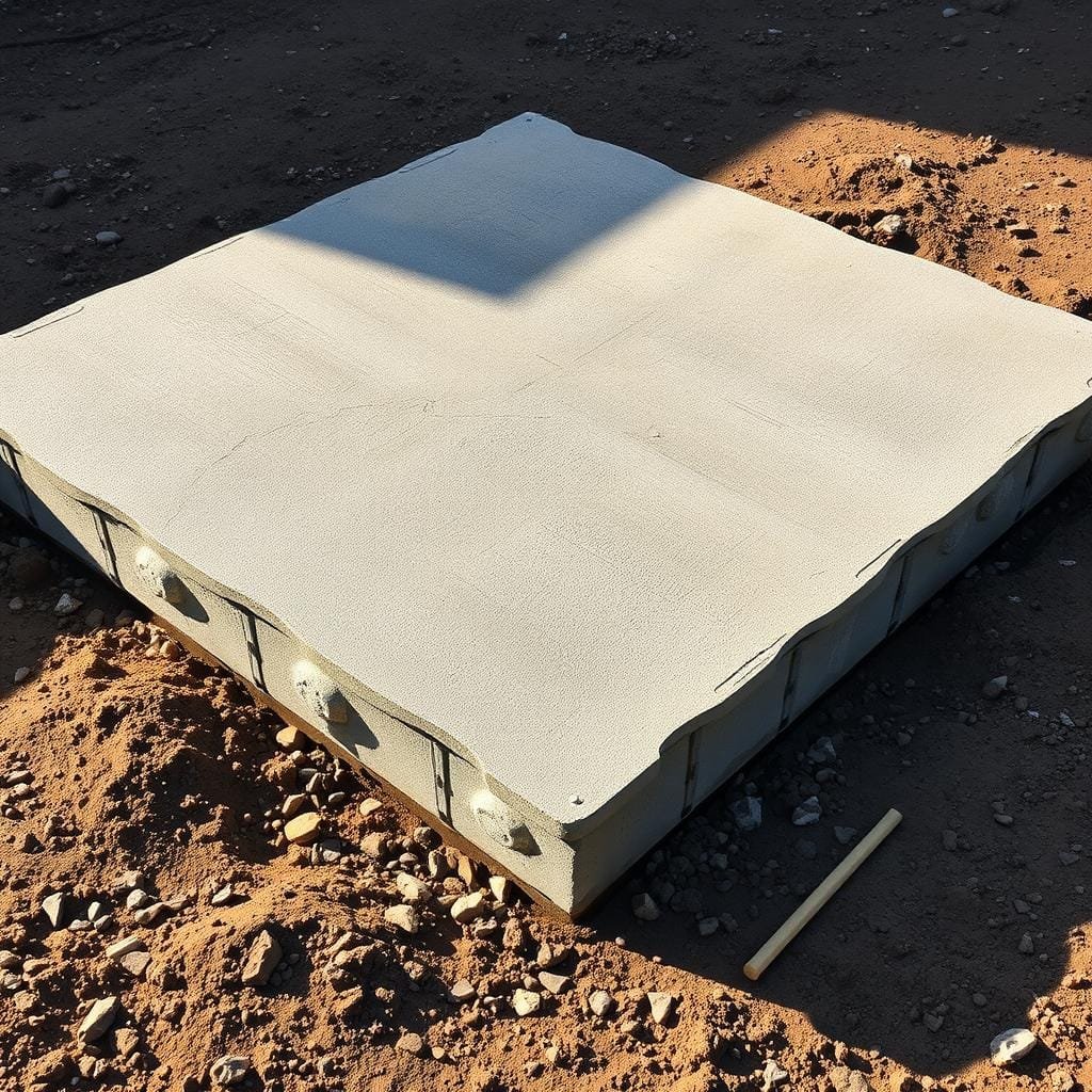 A solid, sturdy cabin foundation base made of concrete, gravel, and reinforced steel rebar. The base is laid out in a square shape, with a textured, slightly uneven surface to provide grip and stability. The concrete is freshly poured, with a slightly glossy sheen and a grey hue. The rebar lattice is visible, protruding slightly from the surface, creating a rugged, industrial aesthetic. Surrounding the base, the ground is neatly compacted soil, with a few small stones and pebbles scattered about. The scene is illuminated by warm, natural sunlight, casting soft shadows and highlights across the surface, emphasizing the depth and texture of the materials.