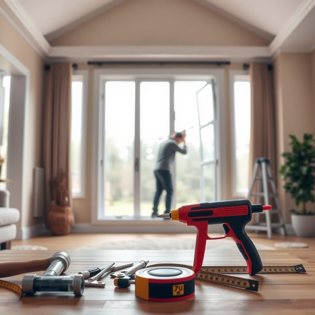 A spacious home interior with a large window taking up the entire middle frame, letting in abundant natural light. In the foreground, a DIY window installation toolset - hammer, screwdriver, caulking gun, and measuring tape - neatly arranged. In the background, a professional window installer working on a separate window, showcasing the contrast between DIY and professional labor. The lighting is soft and diffused, creating a warm, inviting atmosphere. The overall composition emphasizes the potential cost savings of DIY window installation versus the higher labor costs of professional service.