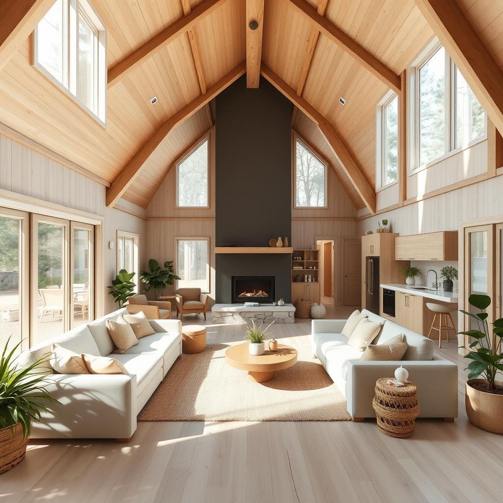 A spacious, open-concept cabin interior with high ceilings, large windows, and a minimalist yet cozy aesthetic. Soft, natural lighting floods the room, creating a warm and inviting atmosphere. The living area features plush, neutral-toned furniture arranged in a conversational layout, complemented by a central fireplace that acts as the room's focal point. The kitchen seamlessly flows into the living space, with clean lines and light wood accents. Lush, green plants and natural textures, such as exposed beams and woven area rugs, enhance the cabin's connection to the outdoors. An overall sense of airiness and tranquility permeates the space, creating a harmonious and relaxing environment.