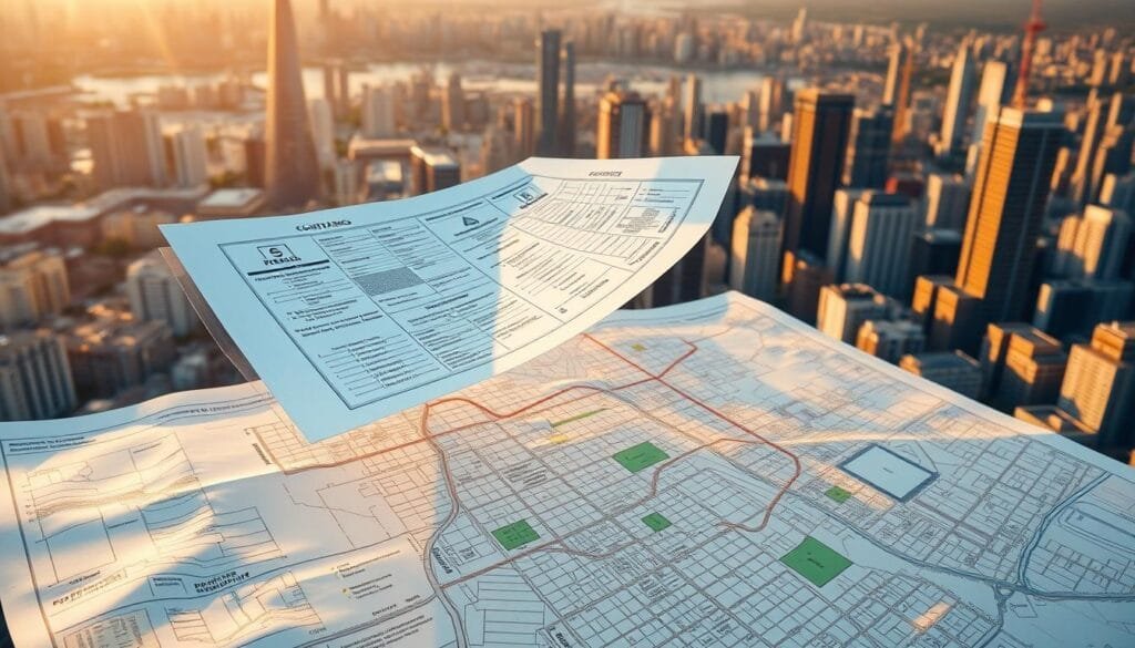 A sprawling cityscape bathed in warm, golden light, with towering skyscrapers and sleek modern buildings in the background. In the foreground, a detailed zoning map unfurls, outlining the intricate web of regulations governing land use, building heights, and architectural styles. Overlaying the map, a series of construction blueprints and permit documents flutters in a gentle breeze, highlighting the complexities of navigating the bureaucratic process. The overall mood is one of order and organization, conveying the importance of understanding local building codes and regulations when planning to construct a cabin or any other structure. A sprawling cityscape bathed in warm, golden light, with towering skyscrapers and sleek modern buildings in the background. In the foreground, a detailed zoning map unfurls, outlining the intricate web of regulations governing land use, building heights, and architectural styles. Overlaying the map, a series of construction blueprints and permit documents flutters in a gentle breeze, highlighting the complexities of navigating the bureaucratic process. The overall mood is one of order and organization, conveying the importance of understanding local building codes and regulations when planning to construct a cabin or any other structure.