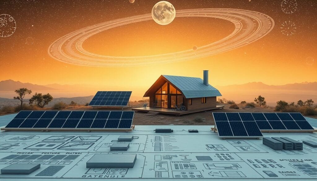 A sprawling solar system blueprint unfolds, showcasing a cabin nestled amidst a futuristic landscape. In the foreground, a detailed diagram presents modular panels and battery arrays, their sleek designs hinting at seamless expansion. The middle ground features the cabin itself, its angular architecture and strategically placed solar modules suggesting a thoughtful, future-proofed design. In the background, a vast celestial expanse sets the stage, with planets and moons orbiting in a mesmerizing dance, symbolizing the boundless potential of off-grid living. Warm lighting casts a soft glow, evoking a sense of harmony and self-sufficiency. The overall composition conveys a comprehensive plan for solar system expansion, tailored to the needs of the cabin and its inhabitants.