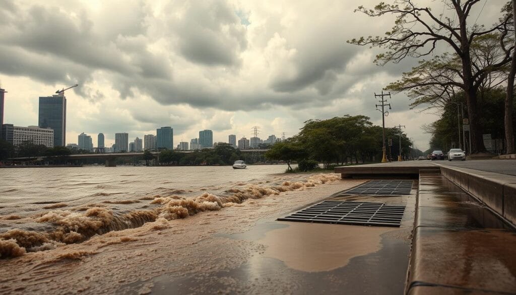 A sprawling urban landscape, with towering buildings and bustling streets. In the foreground, a stormwater drainage system struggles to cope with the deluge of water, overflowing and spilling onto the pavement. Murky puddles collect, reflecting the ominous clouds above. In the distance, trees and power lines sway in the gusting wind, their branches casting long shadows. The scene evokes a sense of environmental strain, highlighting the impact of poor drainage and the potential for flooding in heavily developed areas. Warm, diffused lighting casts a moody, atmospheric tone, drawing attention to the critical issue at hand.