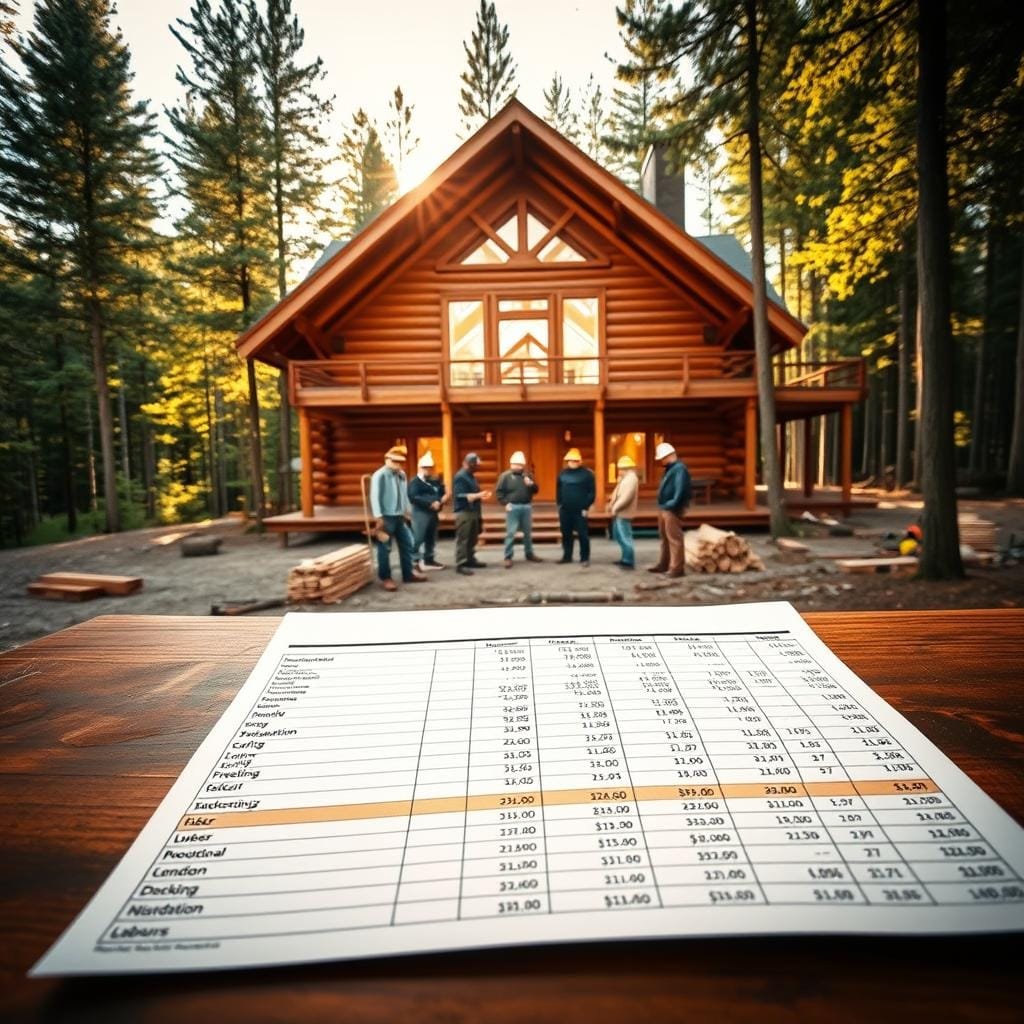 A sprawling wooden cabin stands tall in a serene forest clearing, its intricate construction revealed through a detailed cost breakdown. In the foreground, a table showcases a meticulously organized spreadsheet, neatly divided into categories: lumber, roofing, insulation, windows, and labor. Warm, natural lighting filters through the cabin's windows, casting a cozy glow over the scene. In the middle ground, workers in rugged workwear gather around the table, examining the cost data with focused expressions. The background features lush, verdant trees swaying gently in a light breeze, creating a tranquil, rustic atmosphere. The overall composition conveys a sense of thoughtful planning and budgeting, essential for a successful cabin build.