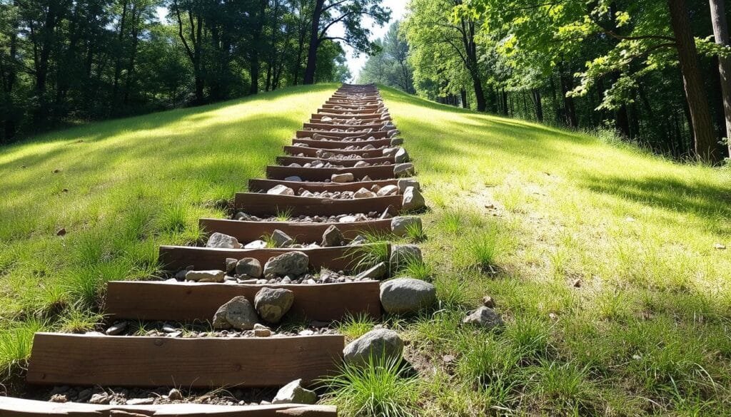 A steep, grassy slope with a series of constructed steps winding up the incline. In the foreground, the steps are made of sturdy wooden planks, their edges lined with smooth river rocks. Mid-slope, the steps transition to a mix of stone and compacted earth, creating a more rugged, natural-looking path. In the background, the slope rises towards a dense forest canopy, sunlight filtering through the leaves and casting dappled shadows across the scene. The overall mood is one of rustic, outdoor exploration, with the steps guiding the viewer's eye upwards through the verdant landscape. A steep, grassy slope with a series of constructed steps winding up the incline. In the foreground, the steps are made of sturdy wooden planks, their edges lined with smooth river rocks. Mid-slope, the steps transition to a mix of stone and compacted earth, creating a more rugged, natural-looking path. In the background, the slope rises towards a dense forest canopy, sunlight filtering through the leaves and casting dappled shadows across the scene. The overall mood is one of rustic, outdoor exploration, with the steps guiding the viewer's eye upwards through the verdant landscape.