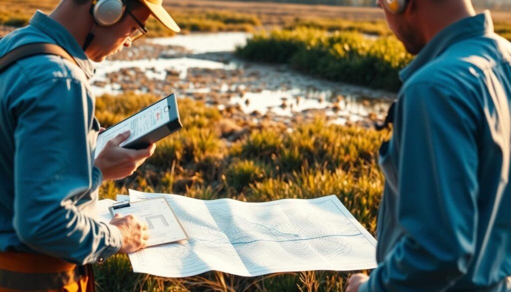 A step-by-step assessment of the land's drainage and flood risk. In the foreground, a surveyor examines the terrain with a clipboard, measuring tools, and a keen eye. The middle ground features a topographical map with contour lines, indicating elevations and potential water flow patterns. In the background, a flooded area with standing water, surrounded by lush vegetation, sets the scene. Warm, diffused natural lighting casts long shadows, creating a sense of depth and atmosphere. The overall mood is one of methodical investigation, with a focus on understanding the land's hydrology and vulnerability to flooding.