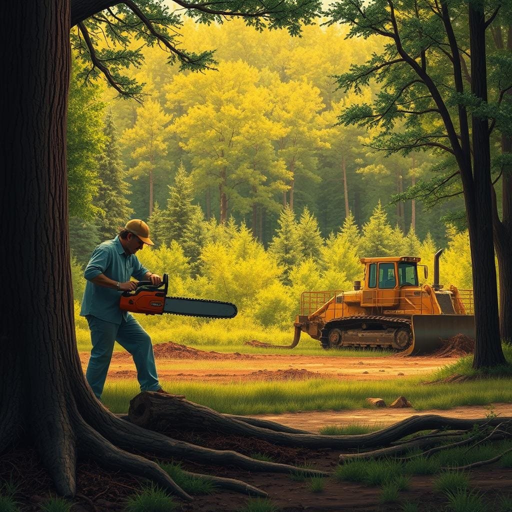 A step-by-step land clearing process, captured in a detailed, photorealistic illustration. In the foreground, a person operating a chainsaw, meticulously felling a large tree. In the middle ground, a bulldozer pushing through thick underbrush, uprooting stumps and clearing the way. In the background, a lush, verdant forest, gently illuminated by warm, golden sunlight filtering through the canopy. The scene conveys a sense of purposeful, methodical labor, with each step of the land clearing process unfolding in a harmonious, well-orchestrated manner. Crisp, high-resolution textures, realistic depth of field, and a naturalistic color palette bring this essential DIY landscape to life.
