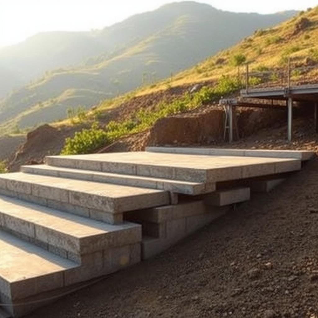 A stepped slab foundation on a hillside, showcasing its unique design and structural elements. The foreground depicts the layered concrete slabs, each step strategically placed to accommodate the slope. The middle ground unveils the reinforced steel framework, providing stability and support. In the background, the natural terrain of the hillside is visible, with lush greenery and subtle undulations. Warm, diffused lighting illuminates the scene, casting soft shadows that accentuate the depth and texture of the materials. The image conveys a sense of architectural ingenuity, blending seamlessly with the challenging landscape.
