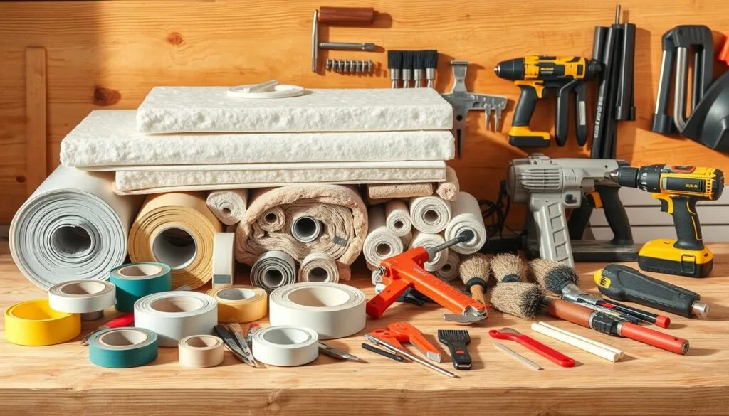 A still-life scene of various insulation materials and weatherstripping tools neatly arranged on a wooden workbench. In the foreground, a selection of weatherstripping tapes, caulking guns, and utility knives are displayed. In the middle ground, rolls of fiberglass insulation, rigid foam boards, and weatherstripping brushes are visible. The background features a set of power tools, including a drill and a jigsaw, alongside a collection of fasteners and fixings. The lighting is warm and natural, casting soft shadows that accentuate the textures of the materials. The overall composition conveys a sense of organization and preparedness for a home insulation project.