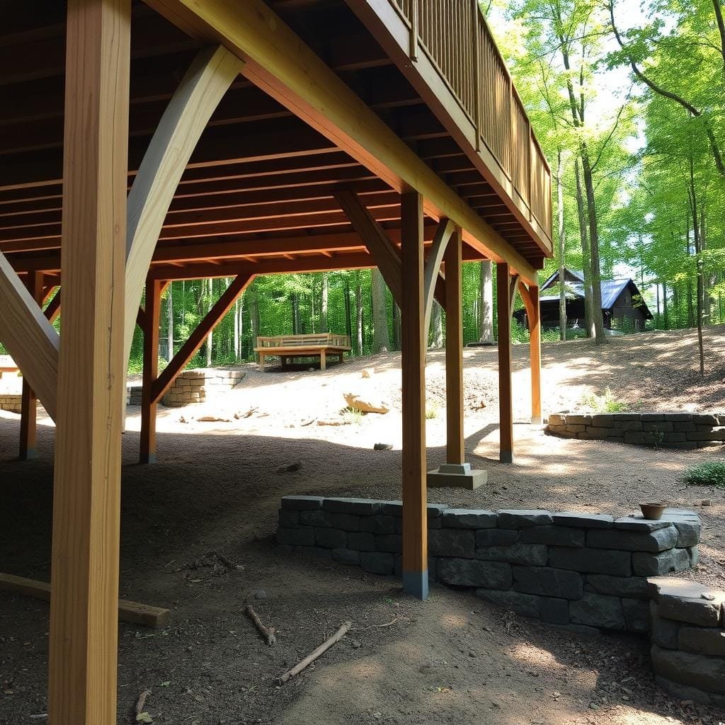 A sturdy, elevated deck support structure nestled on a gently sloping, forested terrain. In the foreground, a network of sturdy wooden beams and posts, their grain and texture visible, rise up to form the foundation for the deck above. Midground, the natural slope of the land is accentuated by strategically placed retaining walls and landscaping, blending the structure seamlessly into the environment. In the background, a lush, verdant forest backdrop frames the scene, dappled sunlight filtering through the canopy and casting warm, soft shadows. The overall composition conveys a sense of strength, stability, and harmonious integration with the surrounding landscape.