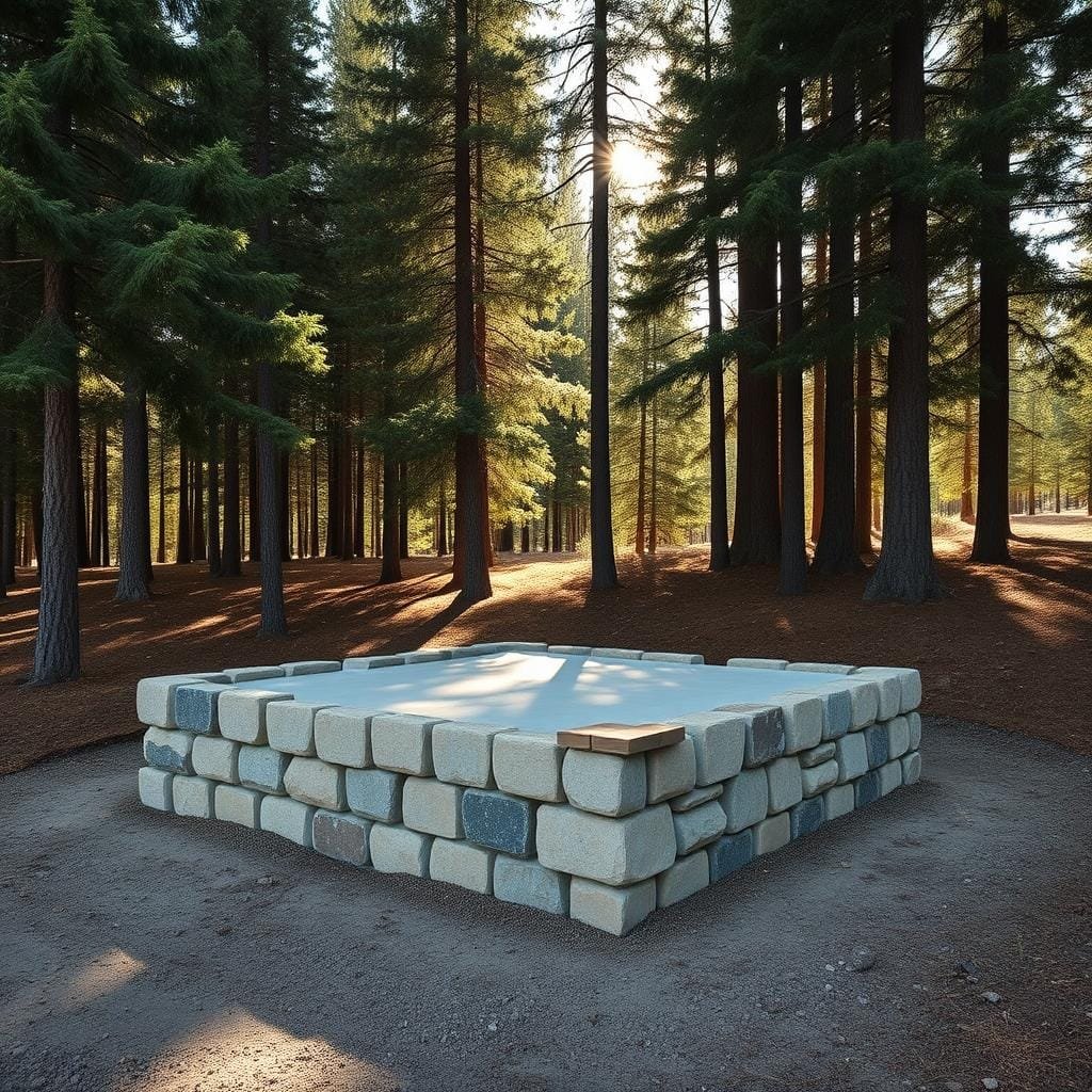 A sturdy, fire-resistant cabin base constructed with carefully arranged stone and brick, nestled in a serene, forested landscape. The structure features a central raised platform with a reinforced concrete foundation, surrounded by a perimeter of tightly fitted stones and bricks. Sunlight filters through the canopy of tall evergreen trees, casting warm, gentle illumination on the scene. The base's design prioritizes safety, durability, and seamless integration with the natural environment. A sense of rustic simplicity and rugged reliability permeates the image, reflecting the resilience and craftsmanship required for a fire-safe cabin foundation. A sturdy, fire-resistant cabin base constructed with carefully arranged stone and brick, nestled in a serene, forested landscape. The structure features a central raised platform with a reinforced concrete foundation, surrounded by a perimeter of tightly fitted stones and bricks. Sunlight filters through the canopy of tall evergreen trees, casting warm, gentle illumination on the scene. The base's design prioritizes safety, durability, and seamless integration with the natural environment. A sense of rustic simplicity and rugged reliability permeates the image, reflecting the resilience and craftsmanship required for a fire-safe cabin foundation.