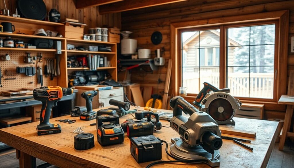 A sturdy workbench dominates the foreground, its surface cluttered with an array of power tools - a cordless drill, an orbital sander, a jigsaw, and a circular saw. The tools are arranged in a way that suggests a careful consideration of their capabilities and limitations, hinting at the process of balancing quality and budget in their selection. In the middle ground, shelves filled with various hardware and supplies line the walls, while large windows in the background offer a glimpse of a picturesque cabin exterior, bathed in warm, natural light. The overall scene conveys a sense of a well-equipped, functional workspace, where the art of craftsmanship and the practicality of budgetary constraints coexist in harmony.