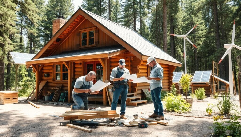 A sun-dappled cabin nestled in a lush forest, its rustic exterior a testament to DIY craftsmanship. In the foreground, a skilled handyman tackles a repair, surrounded by an assortment of tools and materials. In the middle ground, a professional contractor reviews blueprints, his expertise complementing the homeowner's hands-on approach. The background showcases the cabin's self-sufficient setup, with solar panels, a wind turbine, and a well-tended garden, all working in harmony to maintain an off-grid lifestyle. The scene radiates a sense of balance and collaboration, where the owner's self-reliance is seamlessly integrated with professional guidance, creating a sustainable and harmonious living environment.
