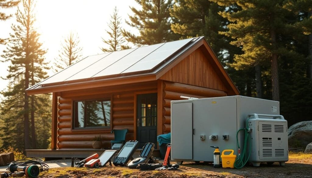 A sun-dappled cabin nestled in a lush forest, with a sleek and efficient solar power system prominently featured. The rooftop panels glisten in the soft, golden light, casting a warm glow on the rustic wooden exterior. In the foreground, a well-organized array of solar tools and accessories sits ready for maintenance and troubleshooting. The middle ground showcases the cabin's integrated power storage system, seamlessly blending form and function. In the background, towering pine trees sway gently, creating a sense of tranquility and connection to the natural world. The overall atmosphere evokes a harmonious balance between modern sustainable technology and the serene wilderness.