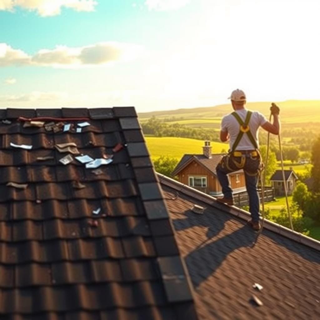 A sun-dappled rooftop, the foreground divided into two contrasting scenes. On the left, a DIY repair in progress - amateur hands struggling with a leaky roof, shingles haphazardly applied. In the middle, a professional roofer, safety harness secured, methodically inspecting and mending the damaged areas with precision. The background fades into a serene countryside, lush greenery and a picturesque cabin nestled amidst rolling hills. Soft, warm lighting casts a golden glow, emphasizing the striking difference between the two approaches. The scene invites the viewer to consider the benefits of trusted expertise versus the risks of a DIY attempt, setting the stage for the article's exploration of roof repair solutions. A sun-dappled rooftop, the foreground divided into two contrasting scenes. On the left, a DIY repair in progress - amateur hands struggling with a leaky roof, shingles haphazardly applied. In the middle, a professional roofer, safety harness secured, methodically inspecting and mending the damaged areas with precision. The background fades into a serene countryside, lush greenery and a picturesque cabin nestled amidst rolling hills. Soft, warm lighting casts a golden glow, emphasizing the striking difference between the two approaches. The scene invites the viewer to consider the benefits of trusted expertise versus the risks of a DIY attempt, setting the stage for the article's exploration of roof repair solutions.